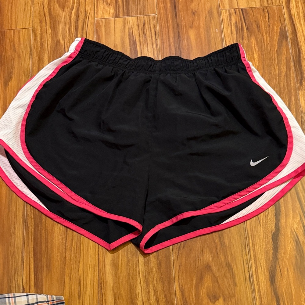 Nike Women’s Black Athletic Shorts with Pink and White Accents